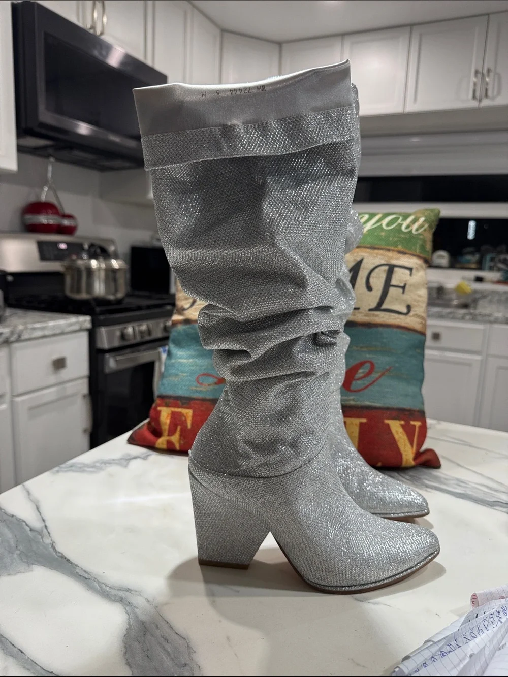 Stuart Weitzman Silver Over-the-Knee Glitter Slouch Boots